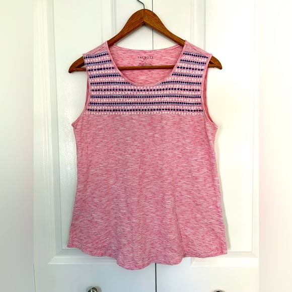 Talbots sleeveless top pink white stripes small embroidered designs cotton - Picture 1 of 4